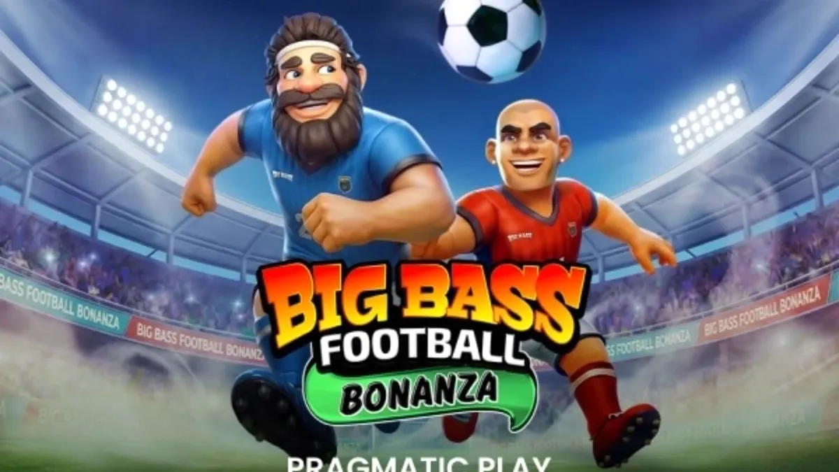 Tampilan visual slot Big Bass Football Bonanza dengan tema stadion sepak bola dan elemen memancing.