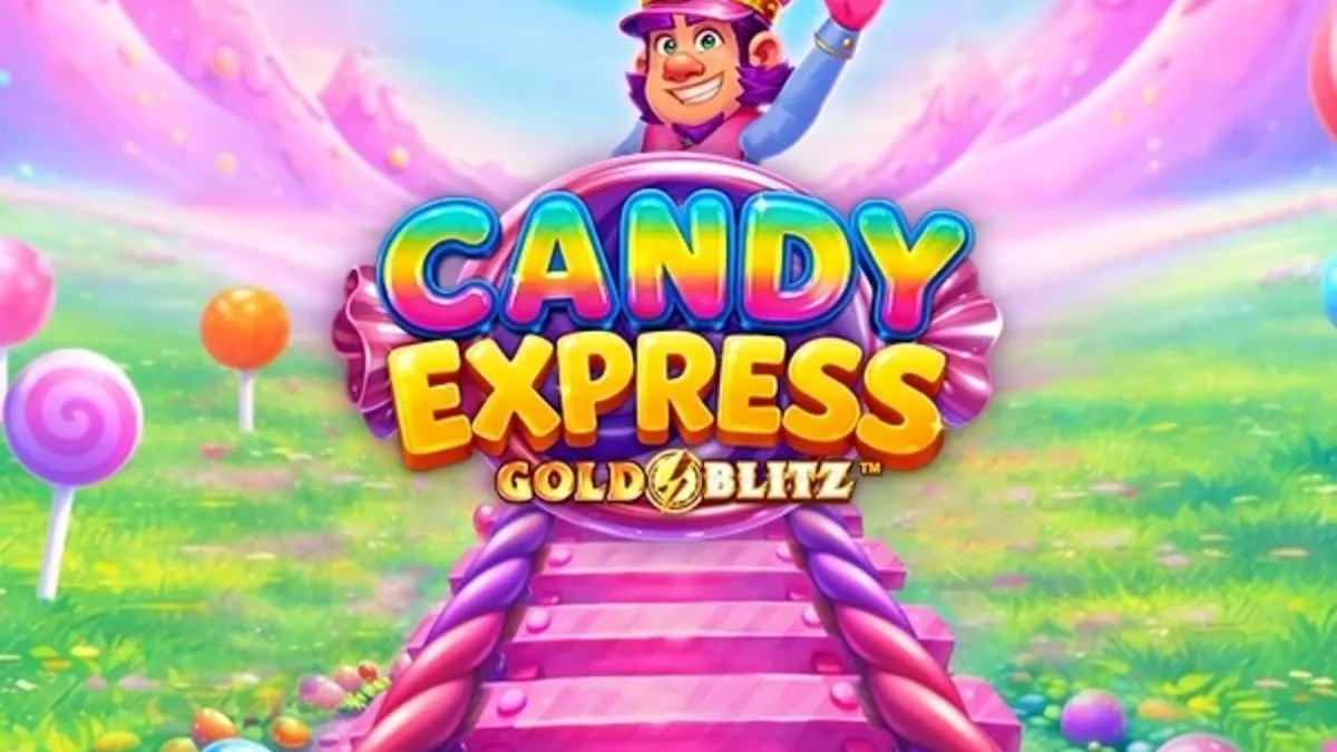 Candy Express Gold Blitz slot game interface showing colorful candy symbols and train theme