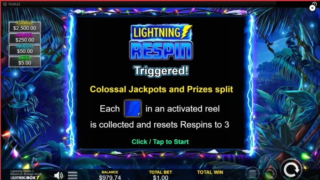 Tampilan visual slot Lightning Gorilla 2 Xmas dengan tema hutan tropis dan dekorasi Natal